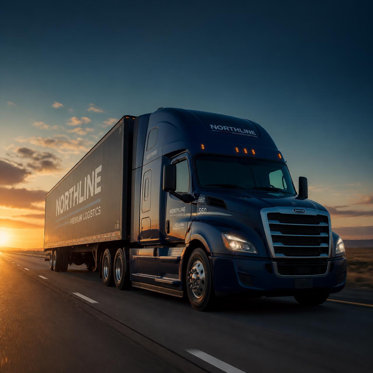 Navy commercial semi truck driving on a highway at sunset