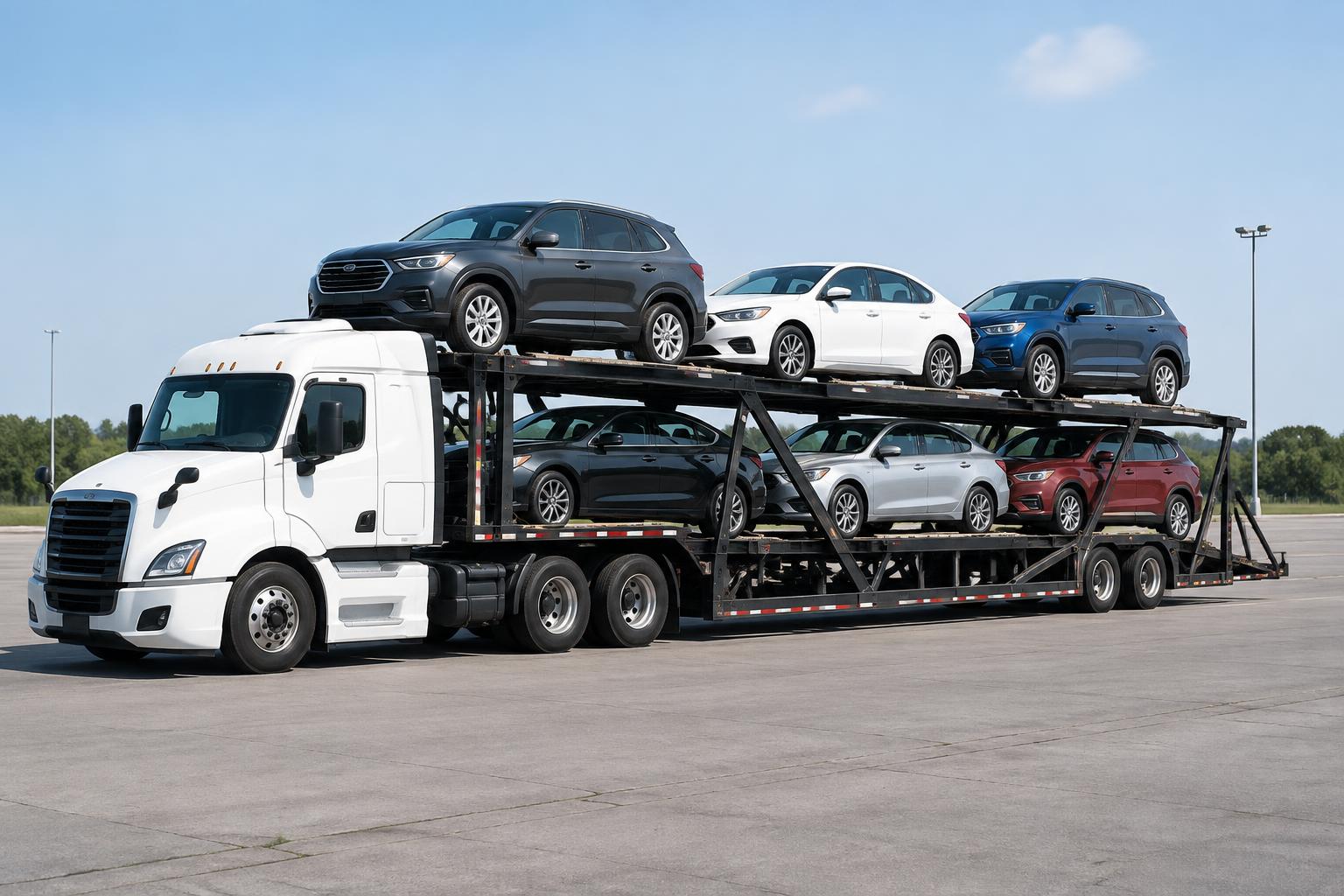 White multi-car hauler truck carrying passenger vehicles