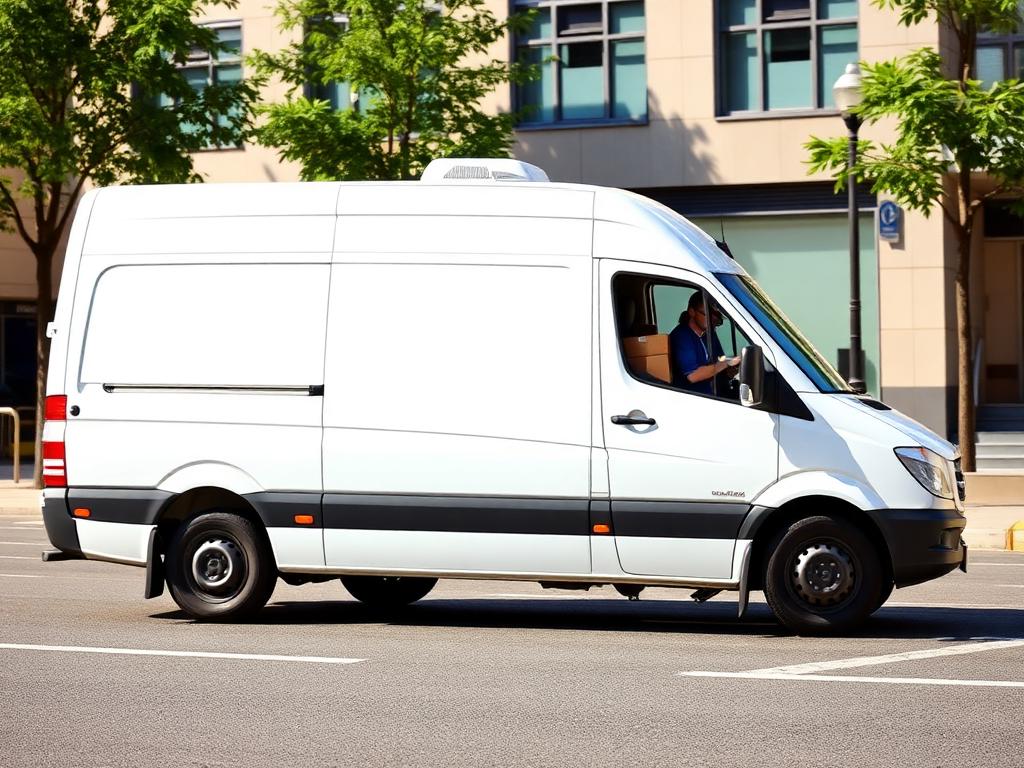 White cargo sprinter courier van on a city street