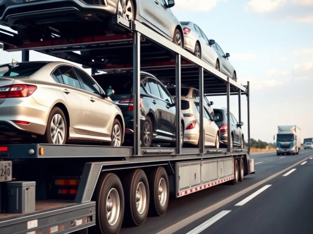 Cars loaded on an auto transport car carrier trailer