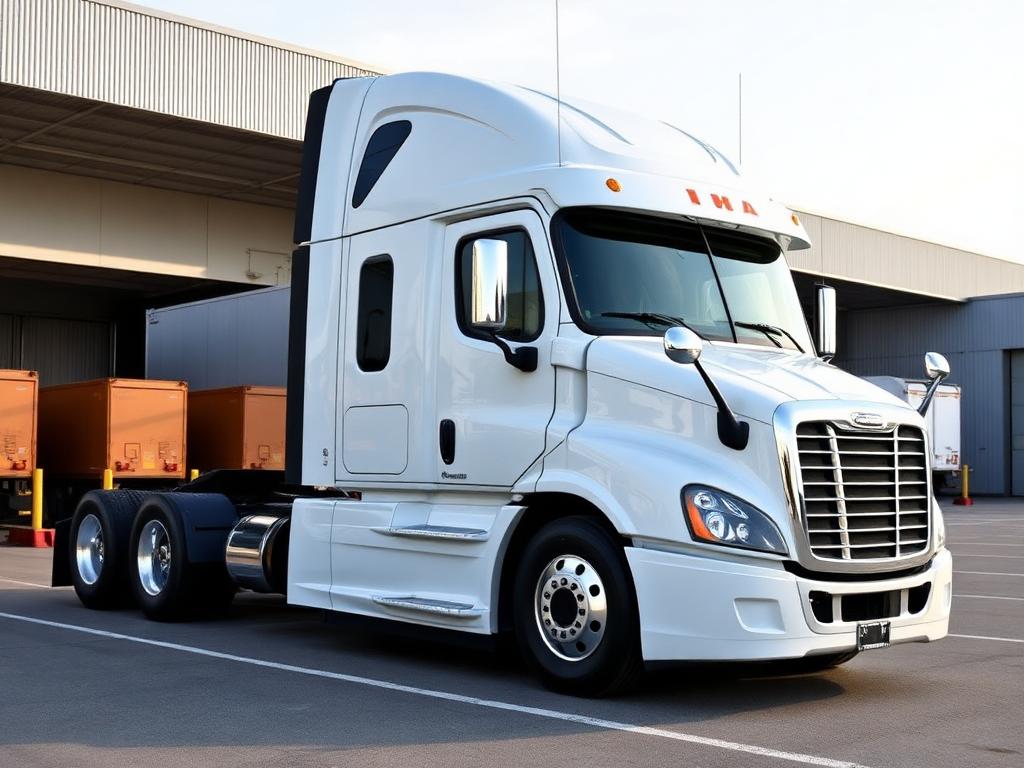 White semi truck tractor trailer at a logistics terminal